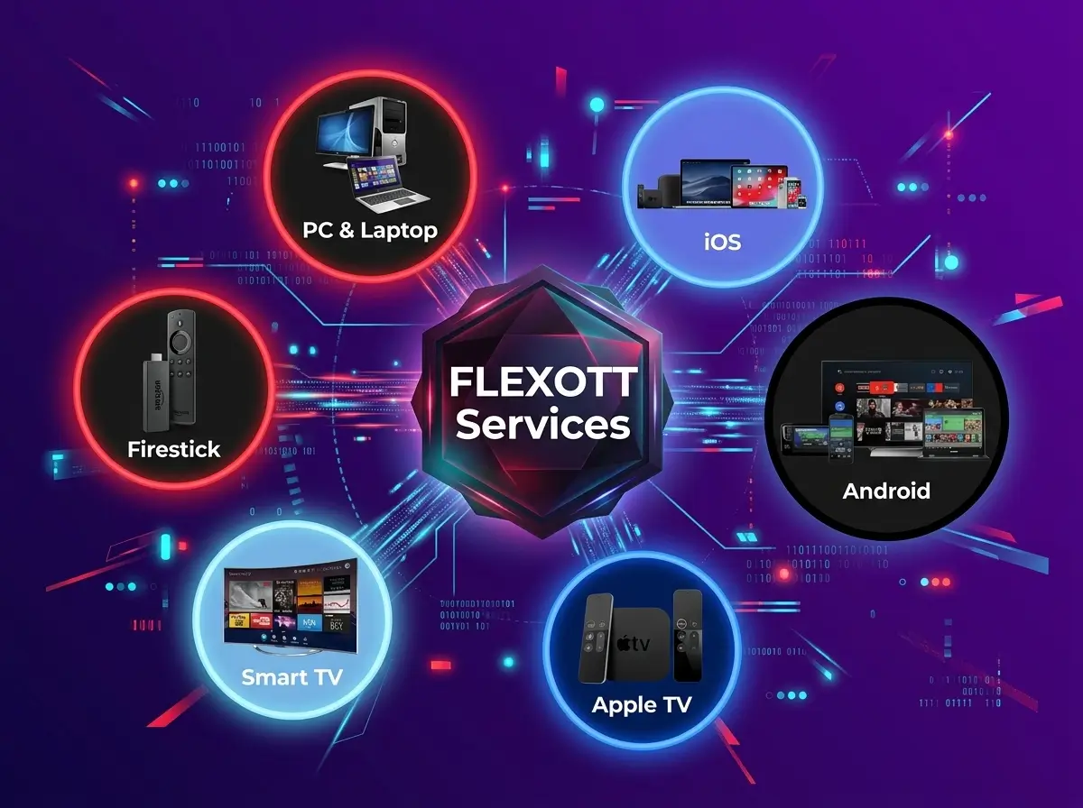 FlexOTT IPTV compatible devices: Android, iOS, Apple TV, Firestick, Smart TV, PC & Laptop showing 4K streaming interface